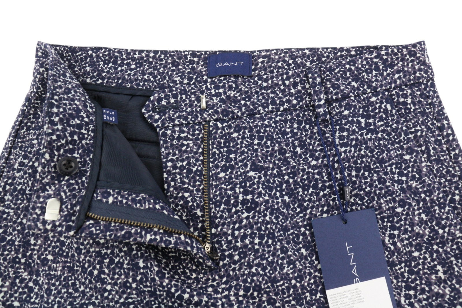 GANT Floral Camo trumpos laisvos moteriškos kelnės EU36 mėlynos, priglundančios, chino stiliaus, su užtrauktuku 