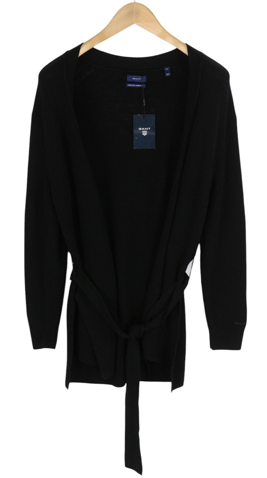 GANT Ribbed Lambswool Cardigan Womens Megztinis XS Juodas Megztinis Ilgomis Rankovėmis Su Diržu 