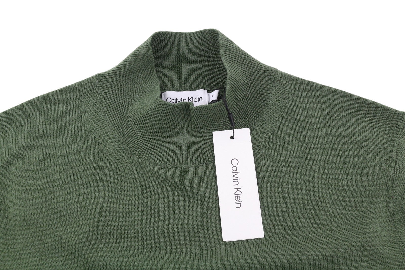 CALVIN KLEIN Merino Mock Neck Vyriškas Megztinis M Žalias Vilnonis Tvirtas Megztinis Su Logotipu 