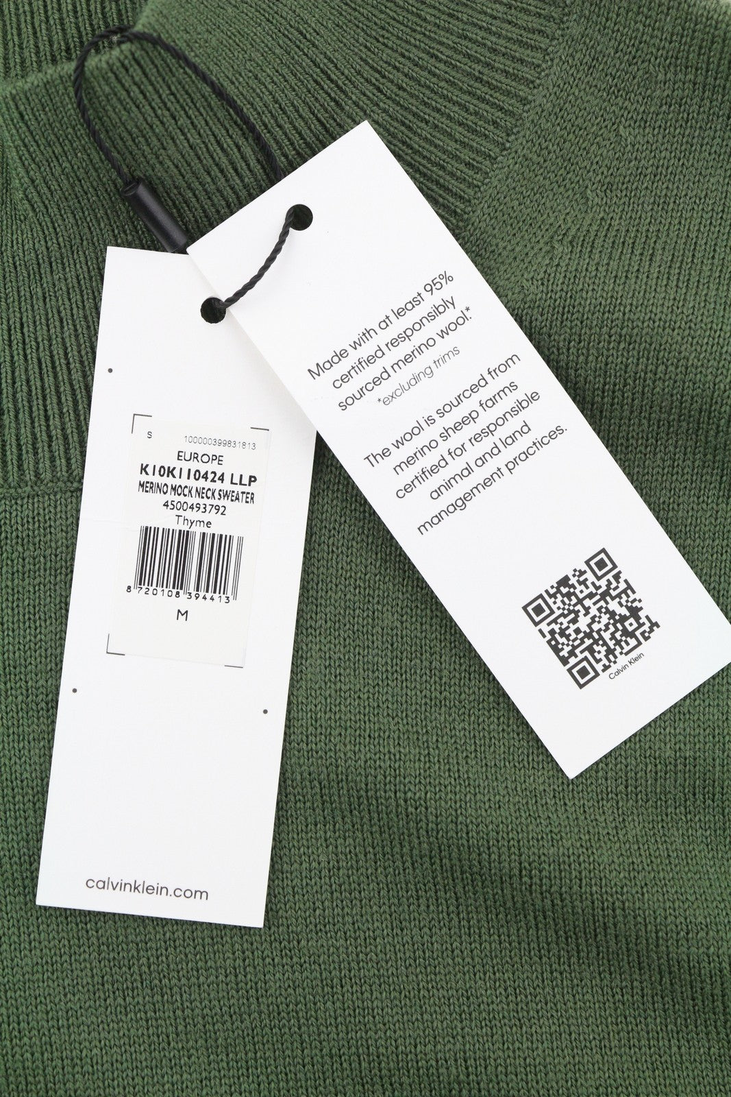 CALVIN KLEIN Merino Mock Neck Vyriškas Megztinis M Žalias Vilnonis Tvirtas Megztinis Su Logotipu 