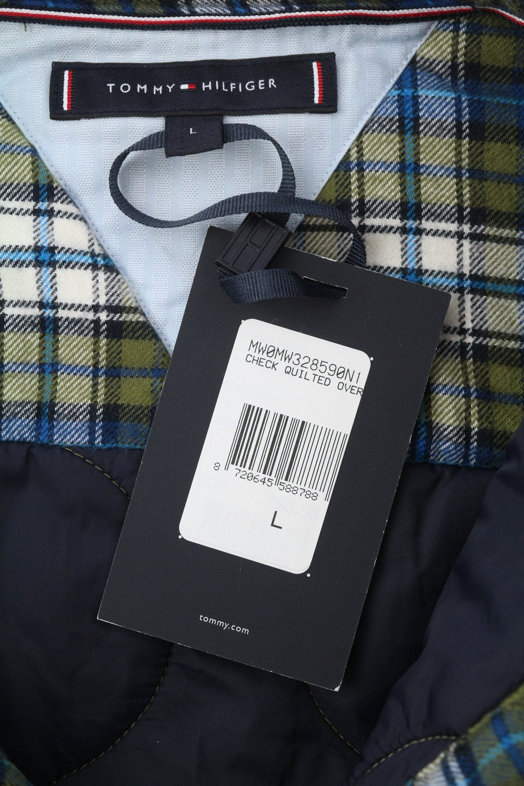 TOMMY HILFIGER languotas dygsniuotas marškinėlių tipo vyriškas švarkas, L dydžio, su sagomis ir paminkštintu pamušalu. 