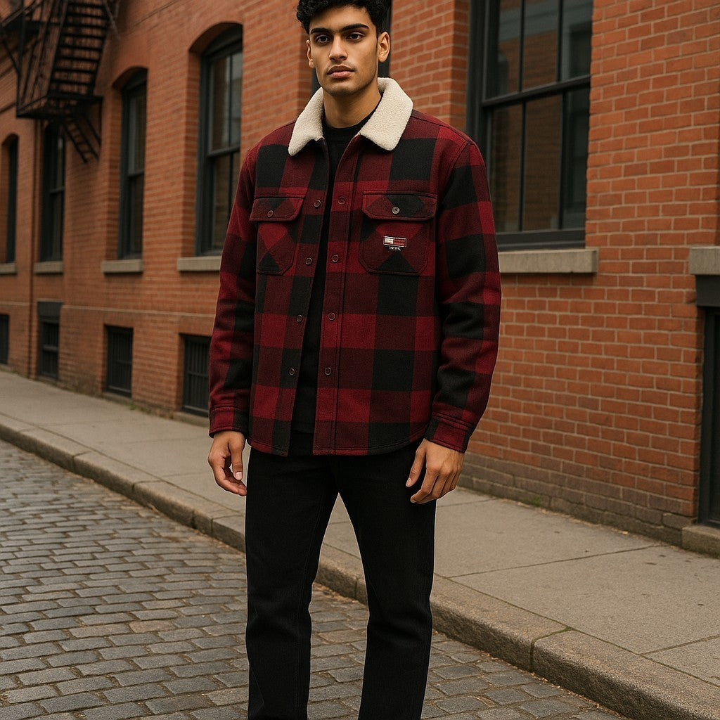 TOMMY HILFIGER Tjm Check Sherpa vyriška striukė S raudona su sagomis ant marškinėlių RRP170