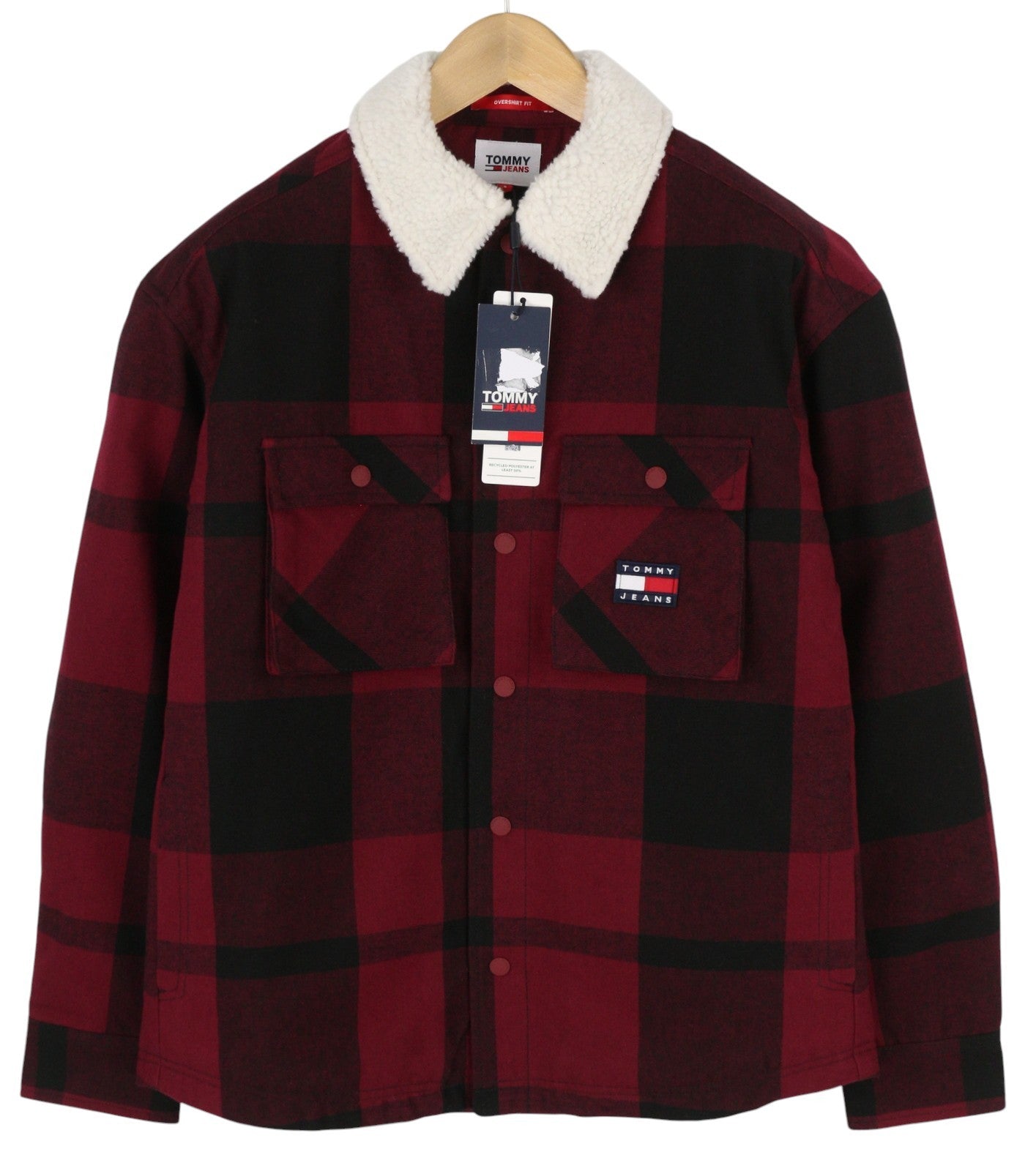 TOMMY HILFIGER Tjm Check Sherpa vyriška striukė S raudona su sagomis ant marškinėlių RRP170