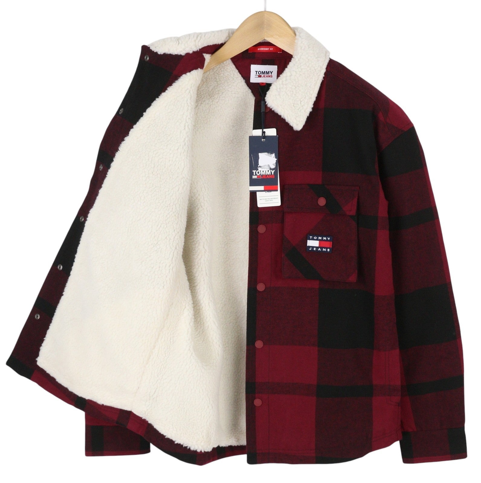TOMMY HILFIGER Tjm Check Sherpa vyriška striukė S raudona su sagomis ant marškinėlių RRP170