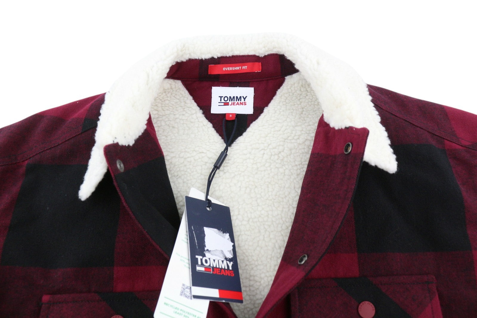 TOMMY HILFIGER Tjm Check Sherpa vyriška striukė S raudona su sagomis ant marškinėlių RRP170