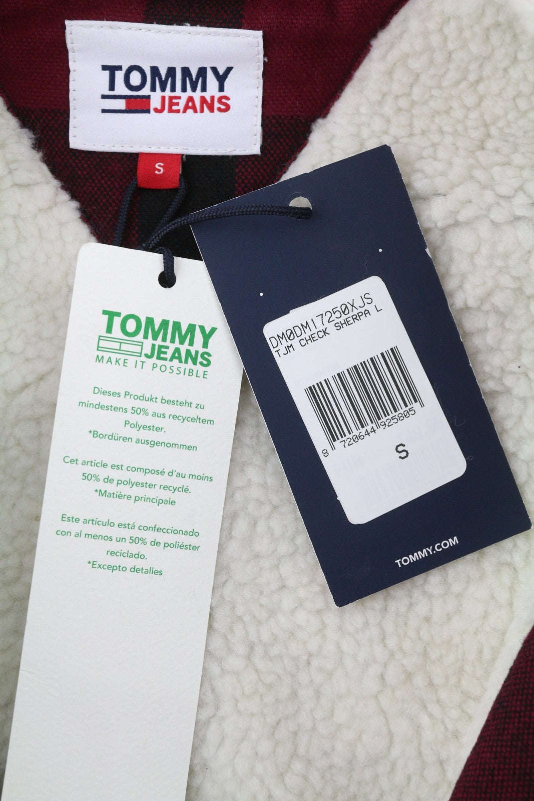 TOMMY HILFIGER Tjm Check Sherpa vyriška striukė S raudona su sagomis ant marškinėlių RRP170