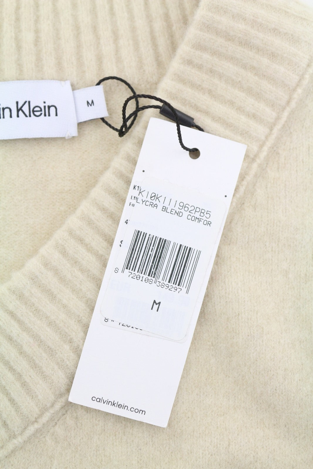 CALVIN KLEIN vyriškas megztinis su lycra mišinio tekstūra ir V formos iškirpte, M, smėlio spalvos. 