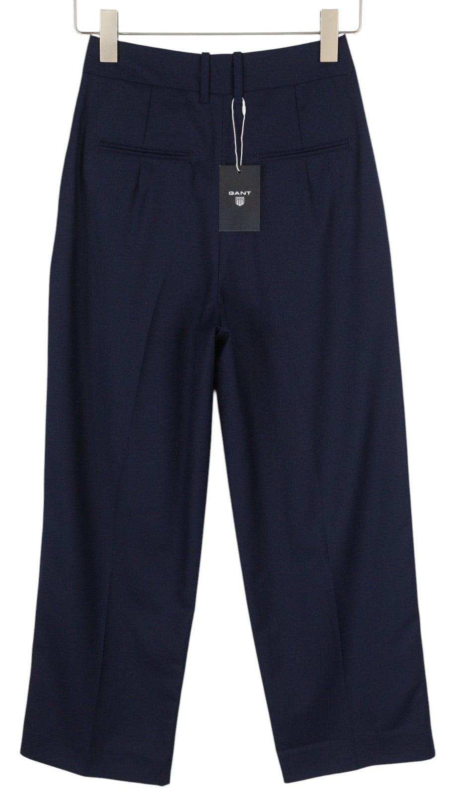 GANT vilnos mišinio HW klostuotos moteriškos kelnės EU34 tamsiai mėlynos platėjančios iki kulkšnių 