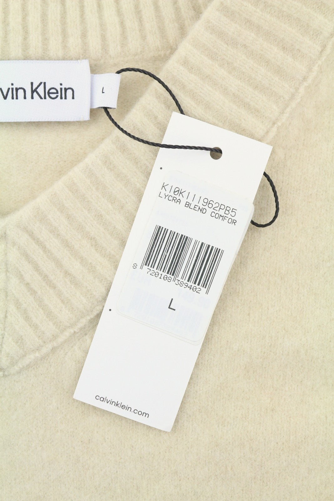 CALVIN KLEIN vyriškas megztinis „Lycra Blend Comfort“ su V formos iškirpte, smėlio spalvos. 