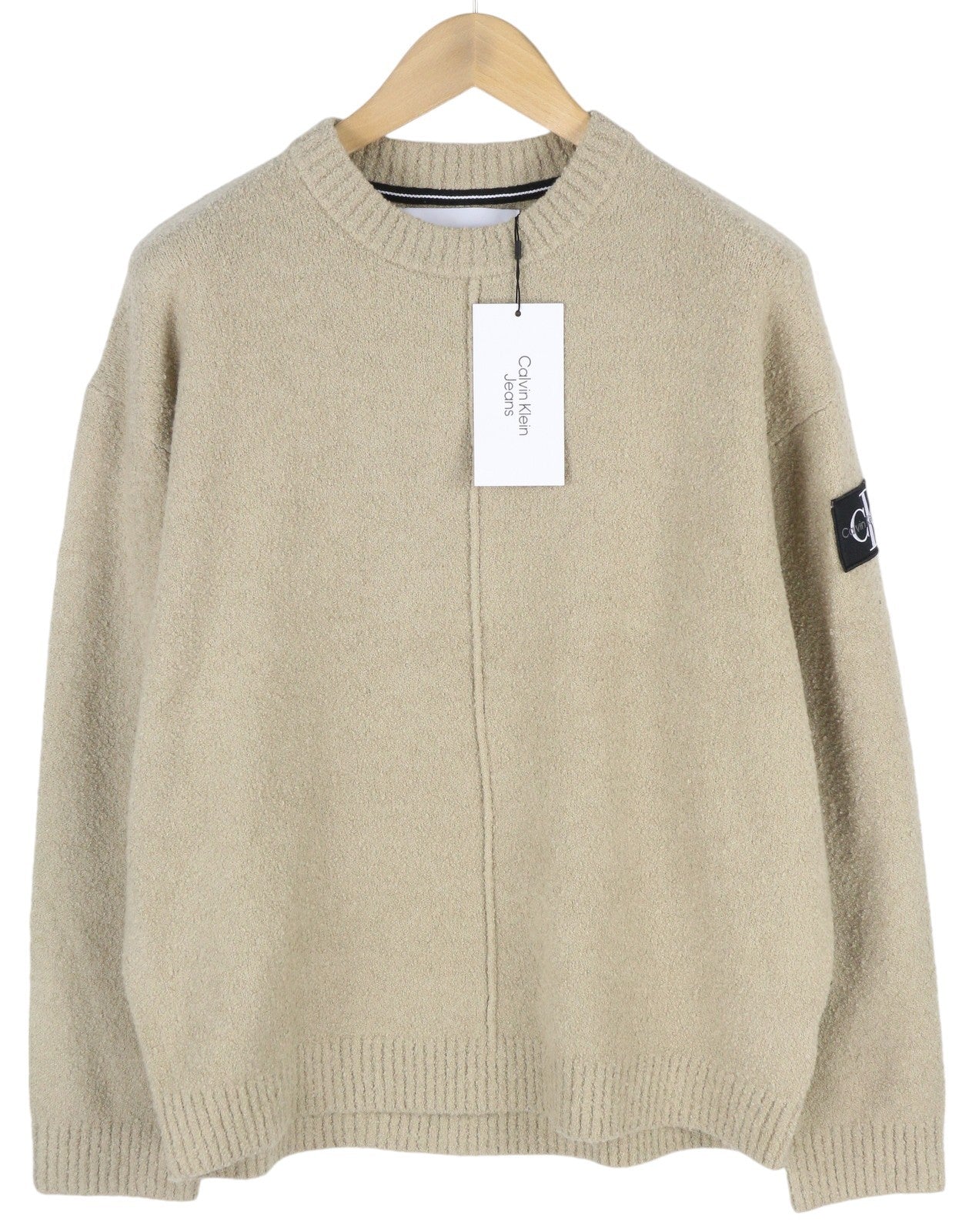 CALVIN KLEIN „High Texture“ vyriškas megztinis L dydžio, smėlio spalvos, su logotipu, laisvalaikio megztinis, rekomenduojama kaina – 139 € 