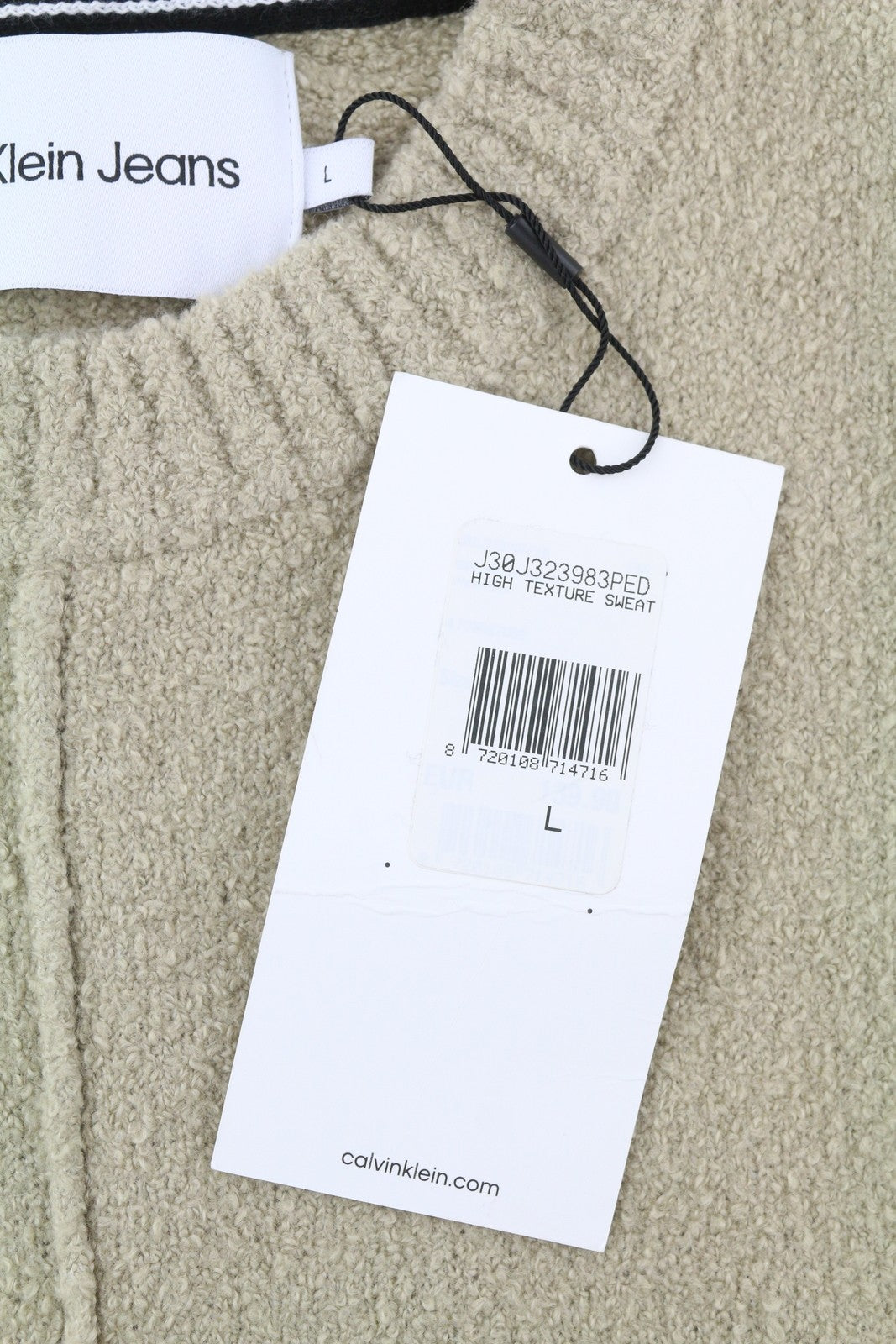 CALVIN KLEIN „High Texture“ vyriškas megztinis L dydžio, smėlio spalvos, su logotipu, laisvalaikio megztinis, rekomenduojama kaina – 139 € 