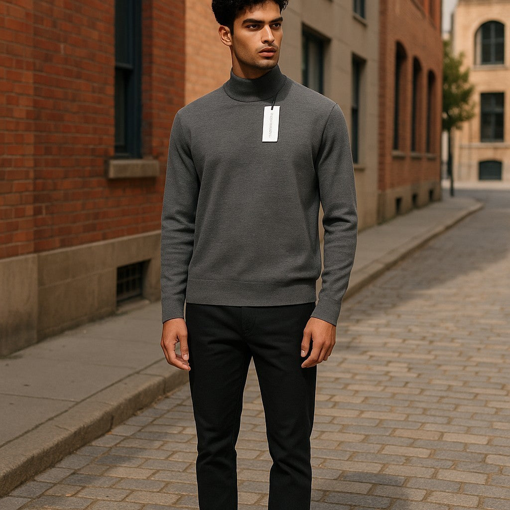 CALVIN KLEIN Merino Mock Neck Vyriškas Megztinis M Pilkas Vilnonis Tvirtas Megztinis Su Logotipu 