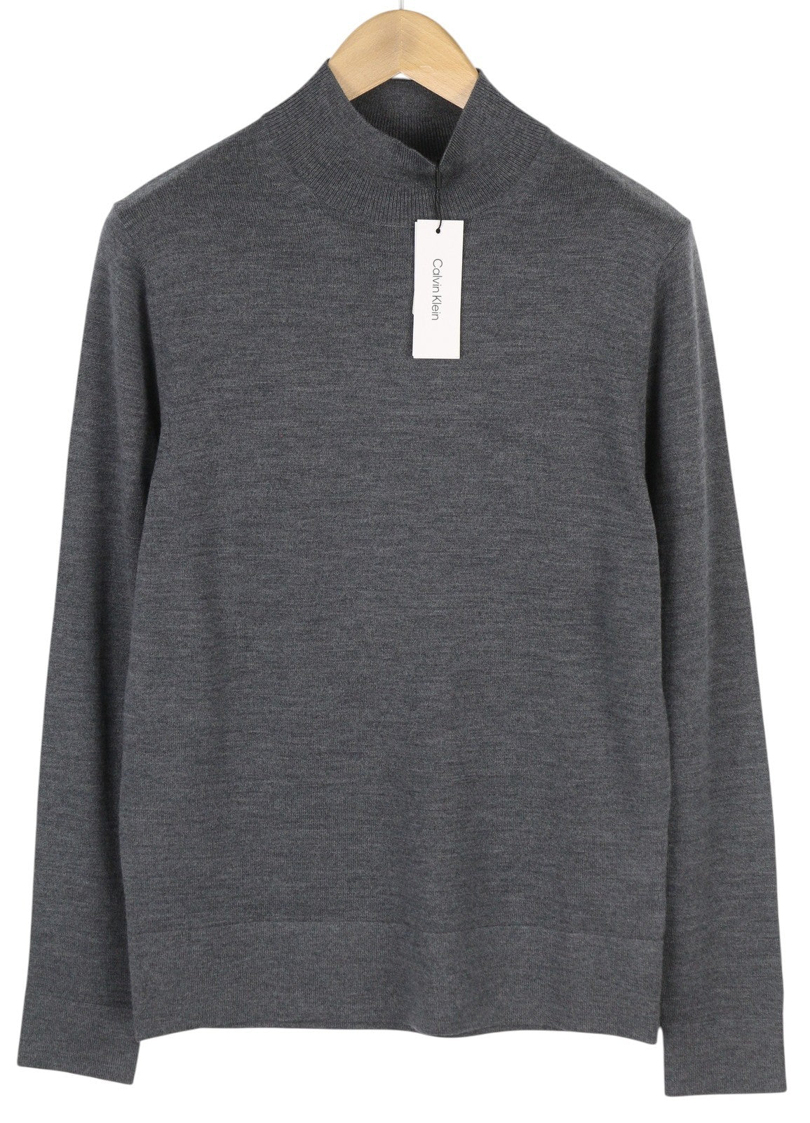 CALVIN KLEIN Merino Mock Neck Vyriškas Megztinis M Pilkas Vilnonis Tvirtas Megztinis Su Logotipu 