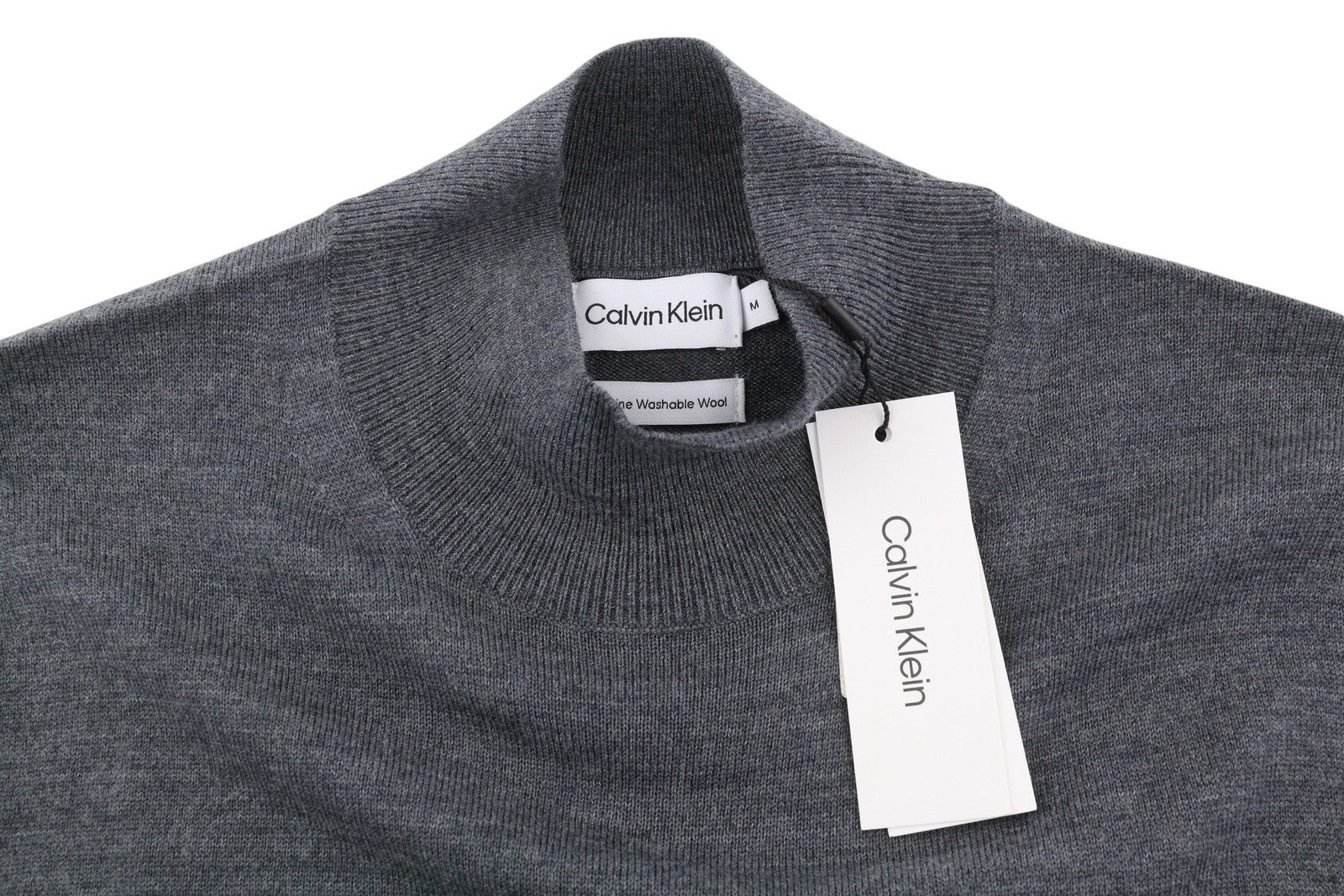 CALVIN KLEIN Merino Mock Neck Vyriškas Megztinis M Pilkas Vilnonis Tvirtas Megztinis Su Logotipu 
