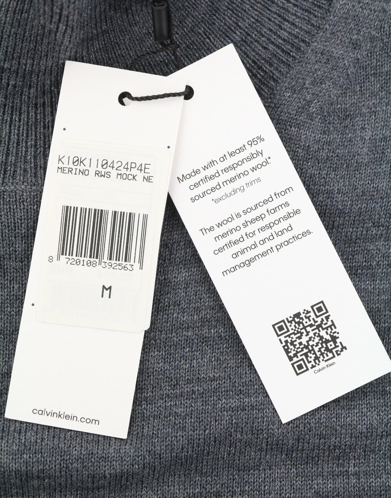 CALVIN KLEIN Merino Mock Neck Vyriškas Megztinis M Pilkas Vilnonis Tvirtas Megztinis Su Logotipu 