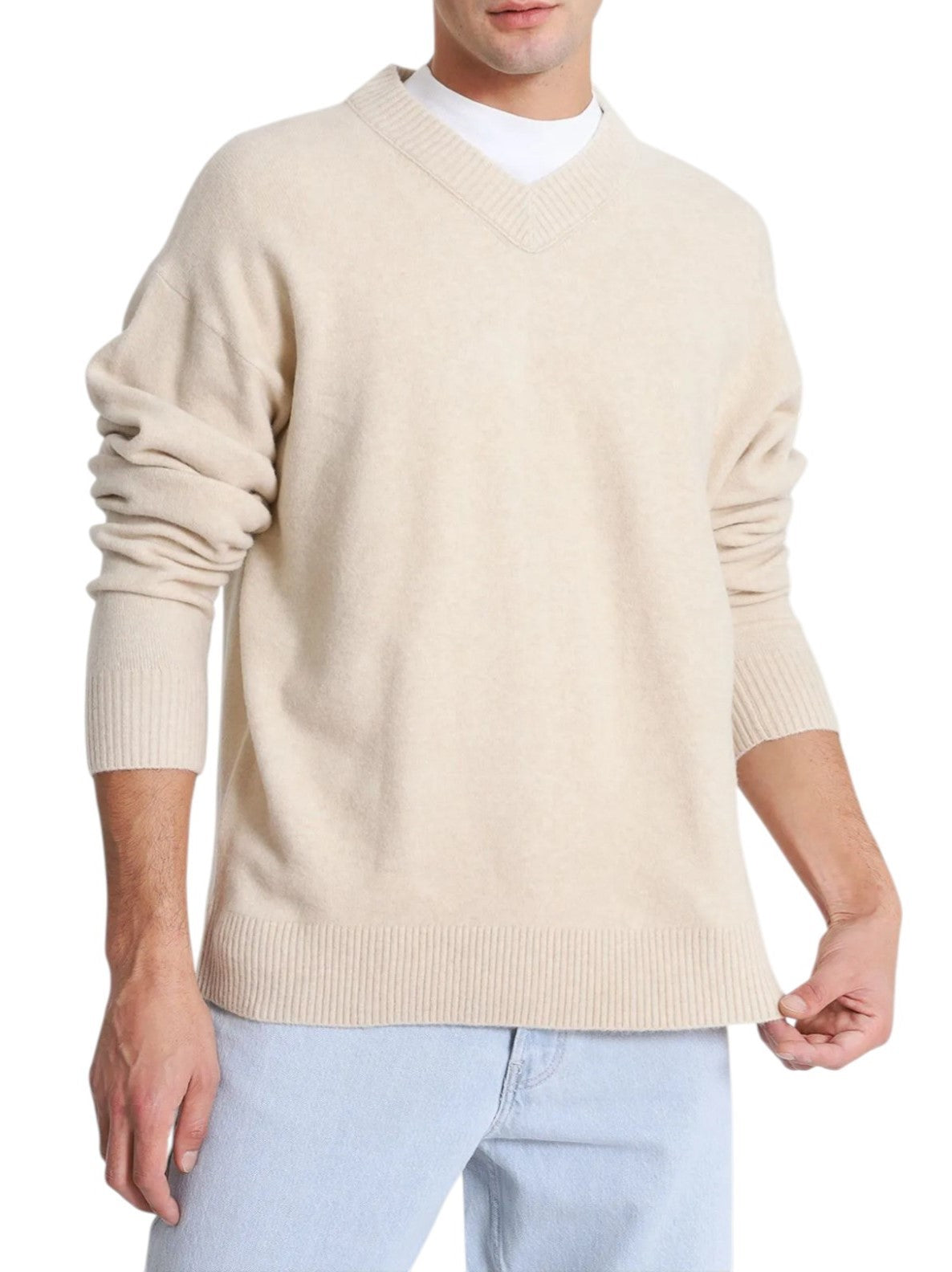 CALVIN KLEIN Lycra Blend Comfort vyriškas megztinis XL smėlio spalvos vilnos mišinio V formos iškirpte 