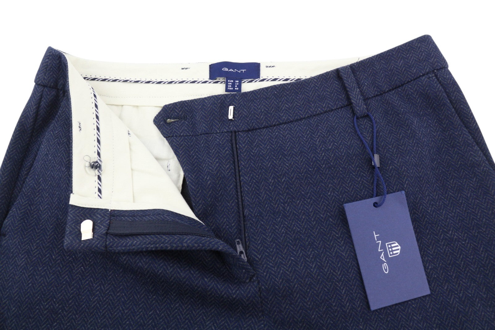 GANT Herringbone stiliaus moteriškos kelnės su džersio raštu, 38 dydžio, mėlynos, iki kulkšnies, užtrauktuku, laisvalaikio stiliaus. 
