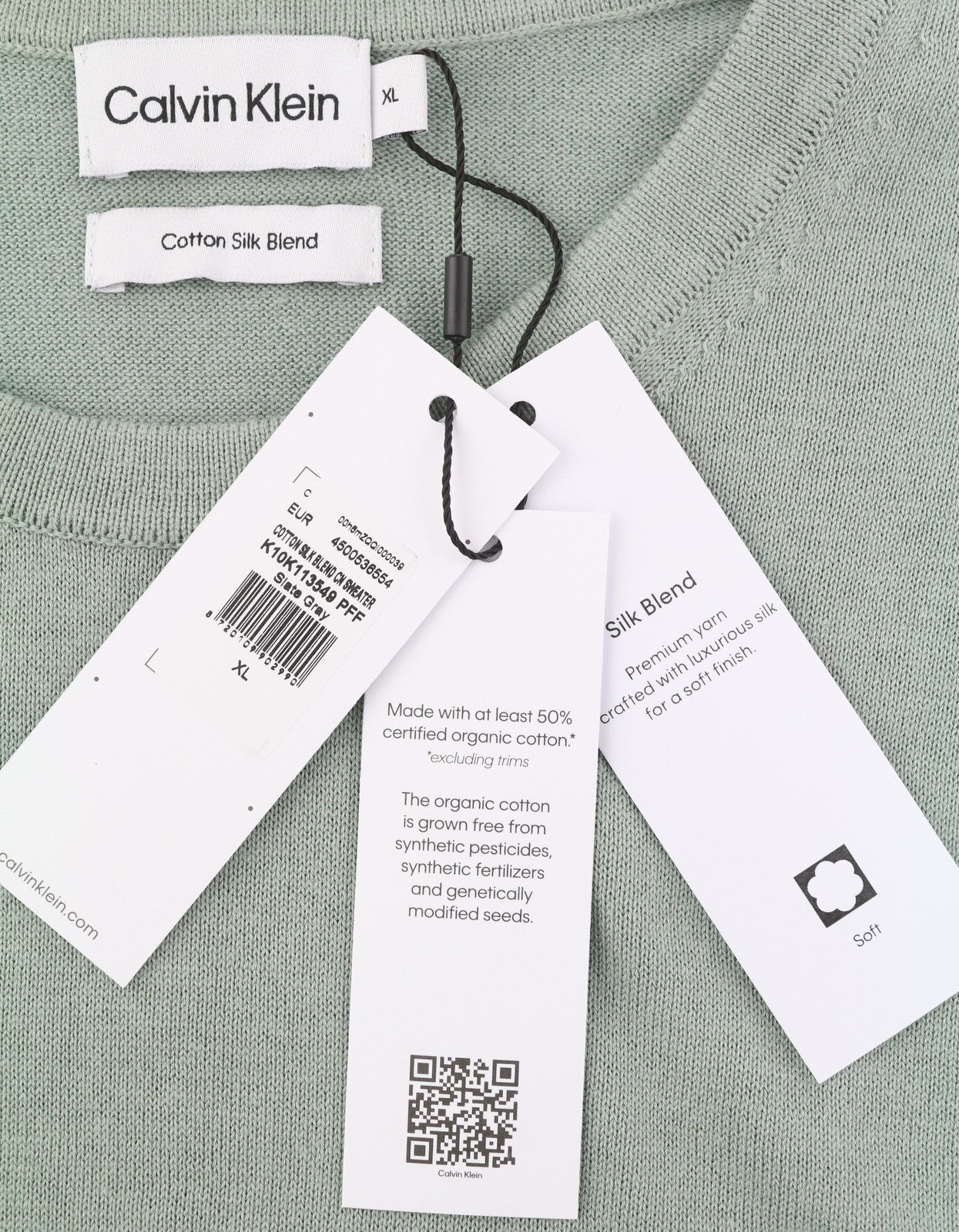 CALVIN KLEIN medvilninio šilko mišinio Cn vyriškas megztinis XL dydžio šviesiai žalias megztinis su apvalia juostele 