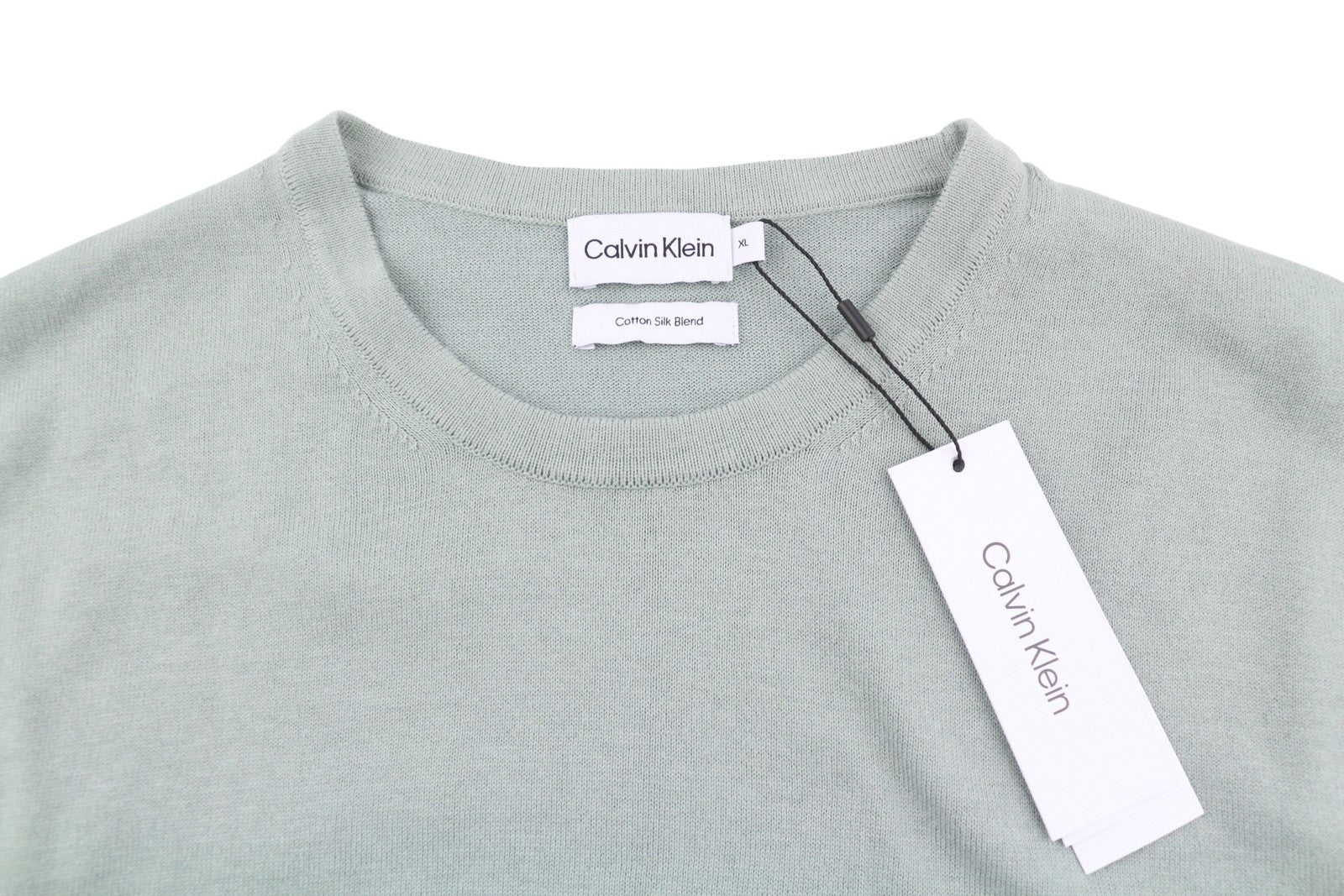 CALVIN KLEIN medvilninio šilko mišinio Cn vyriškas megztinis XL dydžio šviesiai žalias megztinis su apvalia juostele 