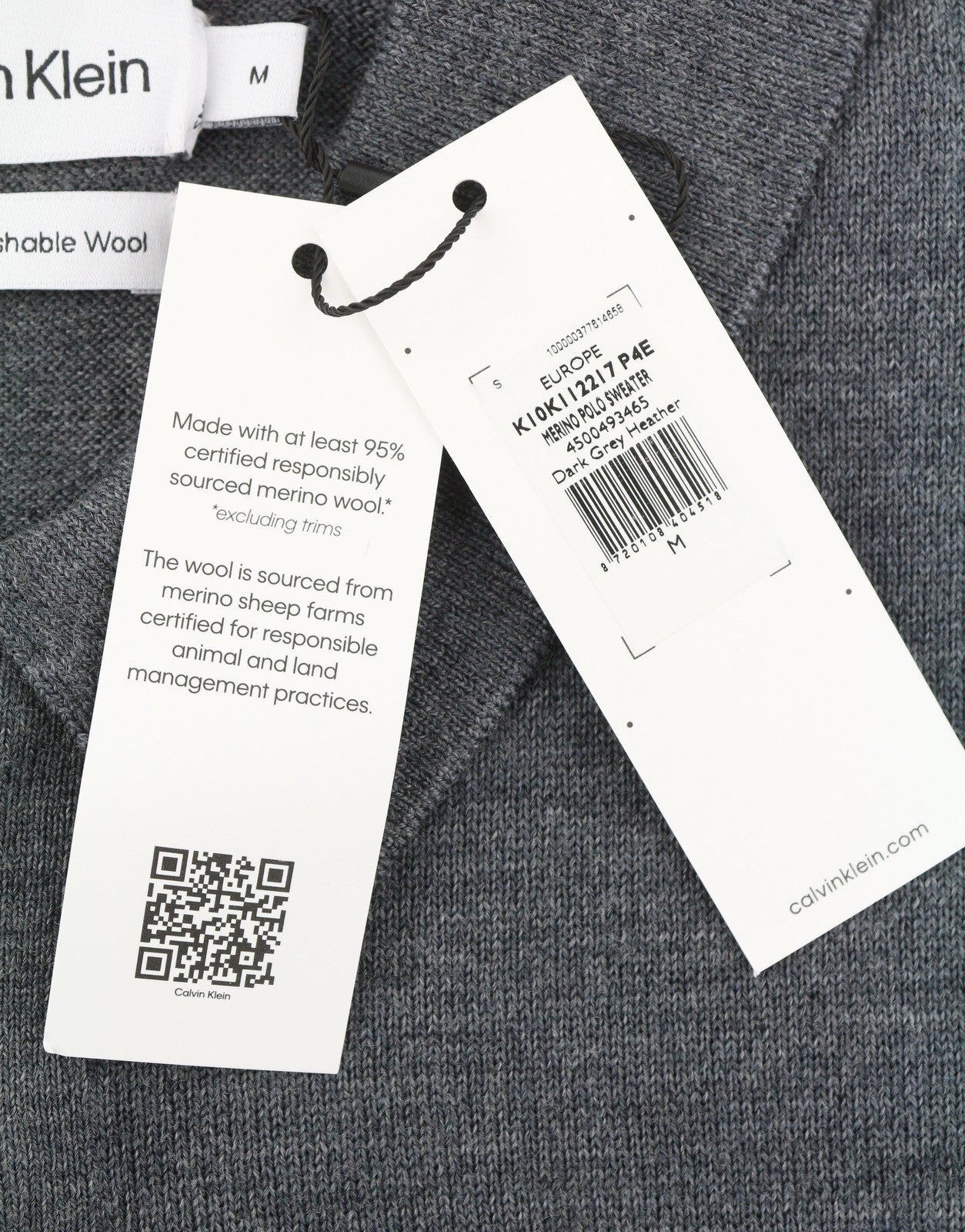 CALVIN KLEIN Merino Polo vyriškas megztinis M pilkas melanžas vilnonis megztinis RRP 179 € 