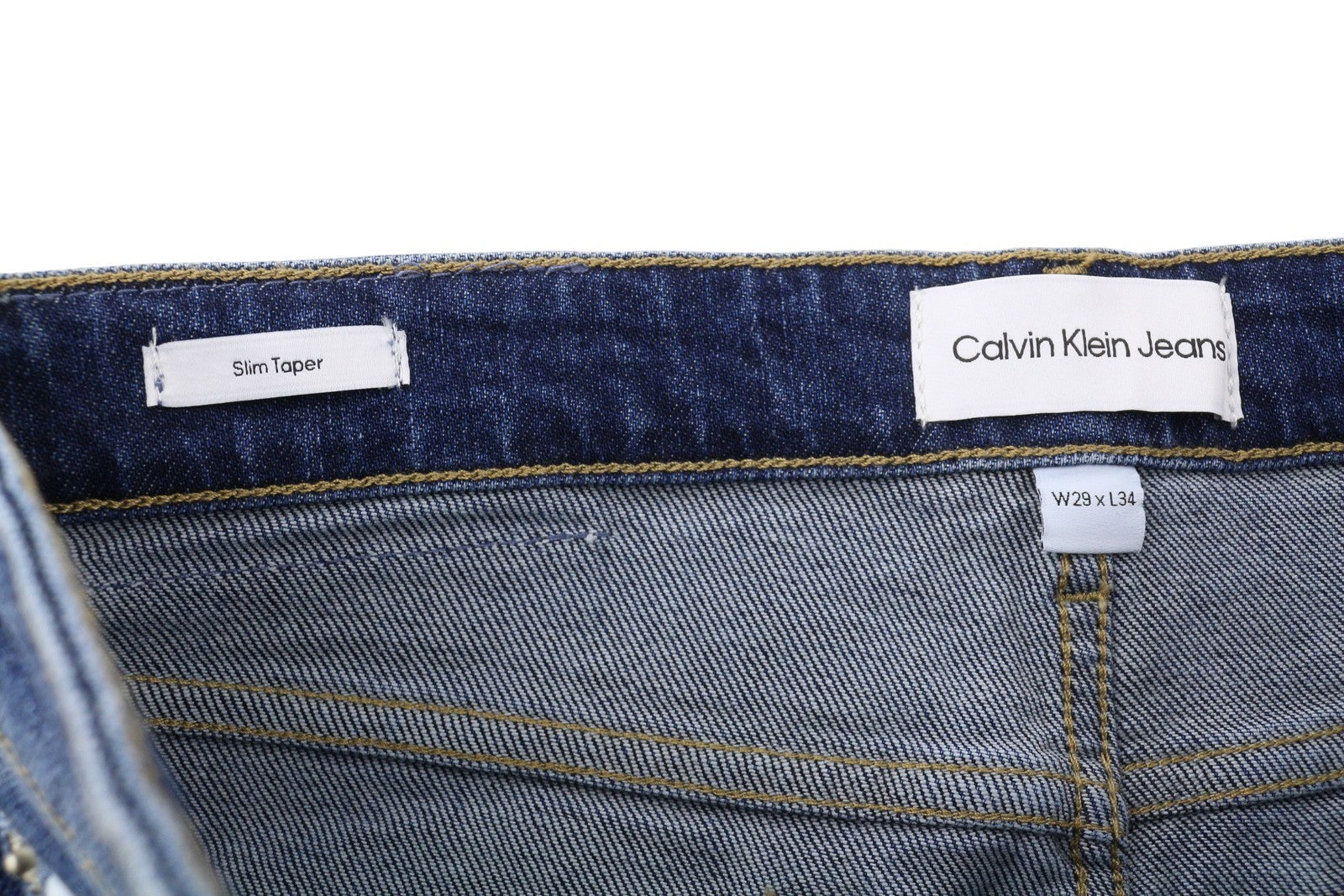 CALVIN KLEIN Slim Taper vyriški džinsai W29/L34 mėlyni, išblukę, plėšyti. 