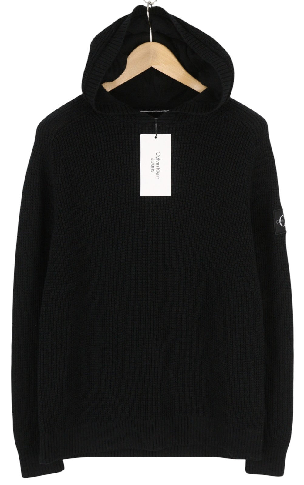 CALVIN KLEIN vyriškas megztinis M, juodas, vaflinio mezgimo tamprus megztinis su gobtuvu, rekomenduojama kaina – 139 € 