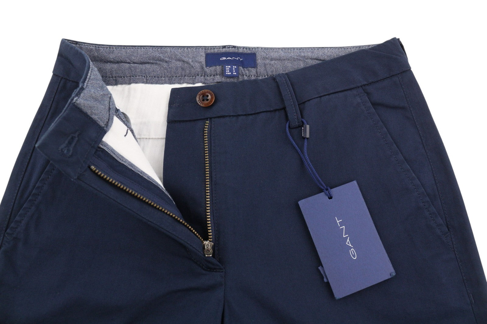 GANT Slim Classic Chino moteriškos kelnės EU34 tamsiai mėlynos, plonos, su užtrauktuku, laisvalaikio stiliaus 
