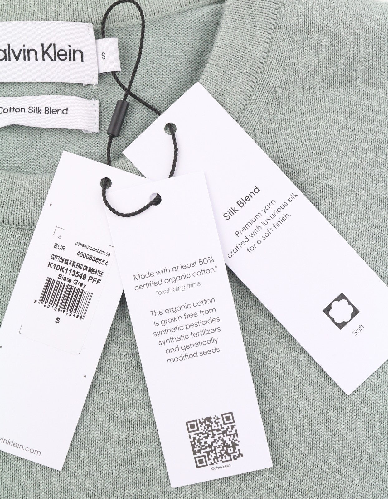 CALVIN KLEIN medvilninio šilko mišinio Cn vyriškas megztinis S šviesiai žalias megztinis su apvalia juostele 