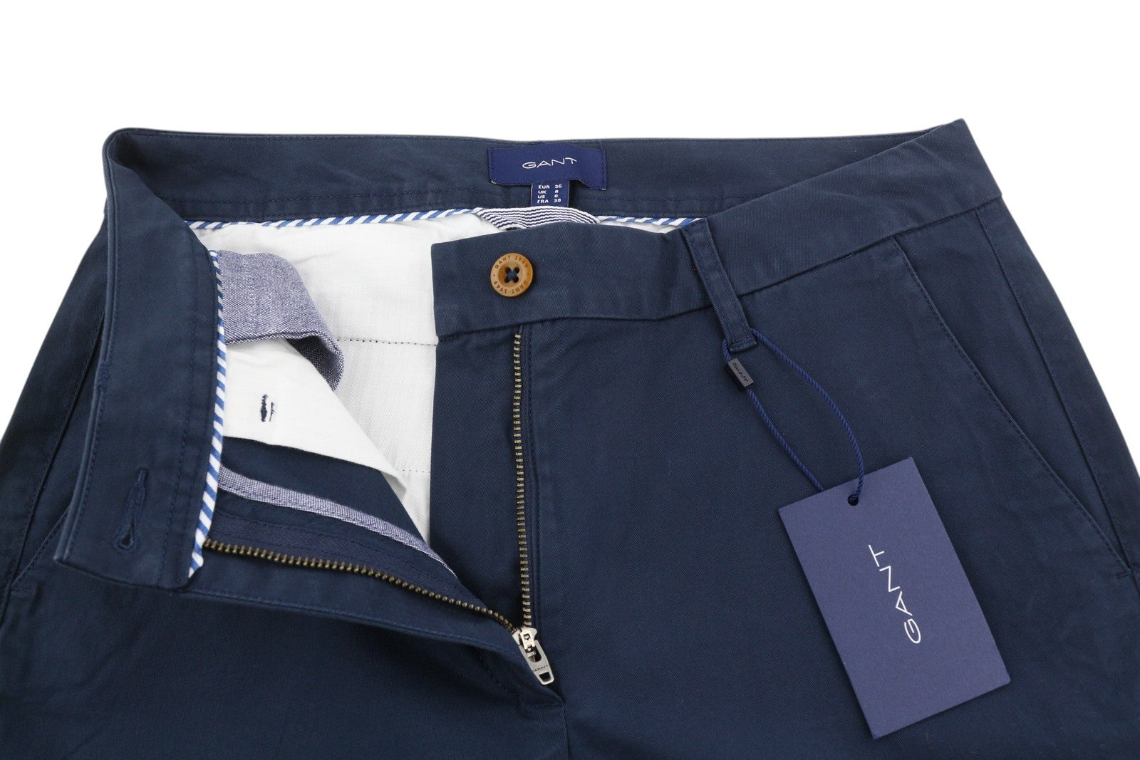 GANT Chino Capri moteriškos kelnės, 36 dydžio, mėlynos, iki kulkšnies, su užtrauktuku ir kišenėmis, laisvalaikio stiliaus. 