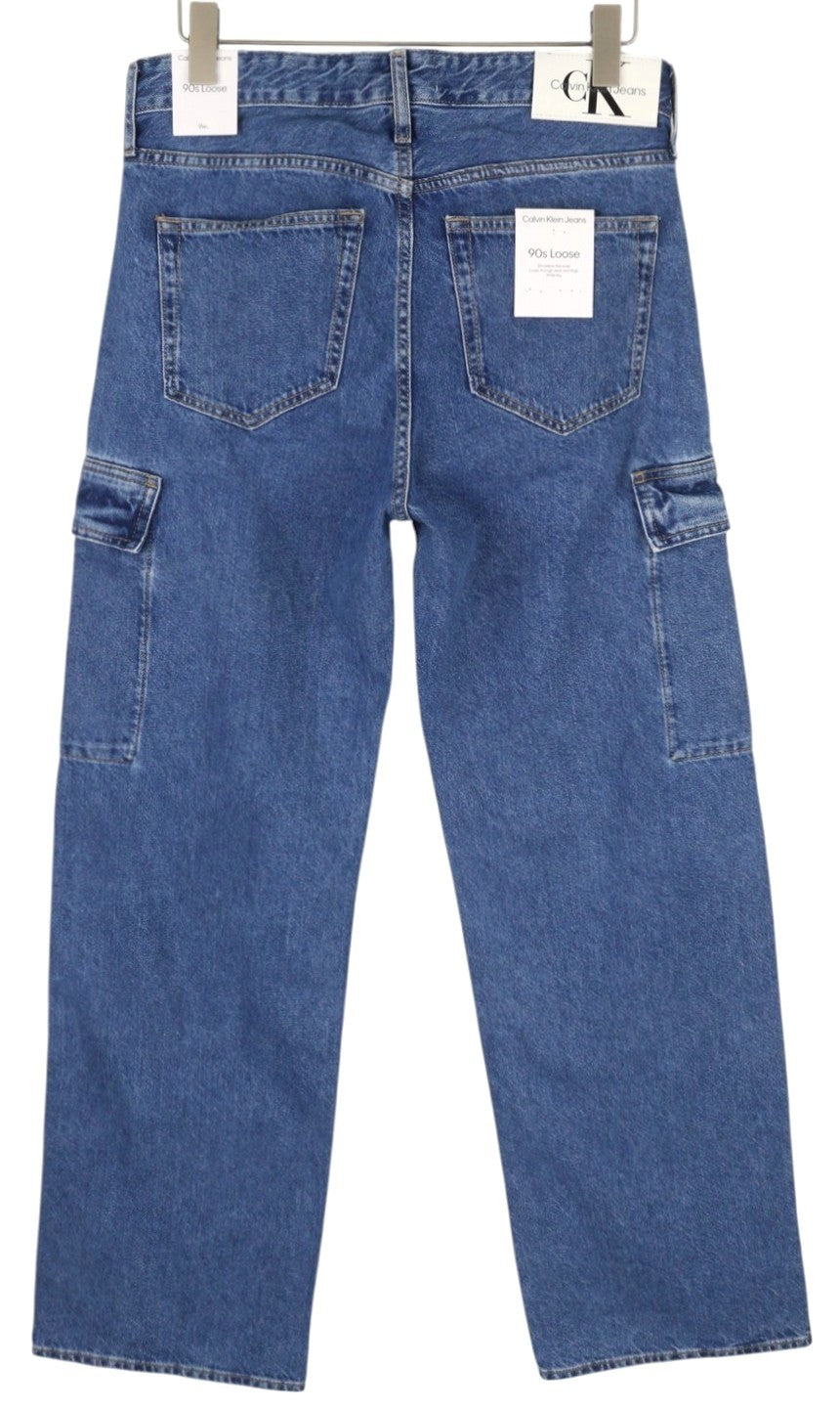 CALVIN KLEIN 90-ųjų laisvi krovininiai vyriški džinsai W30 mėlyni džinsai su užtrauktuku, laisvalaikio stiliumi 