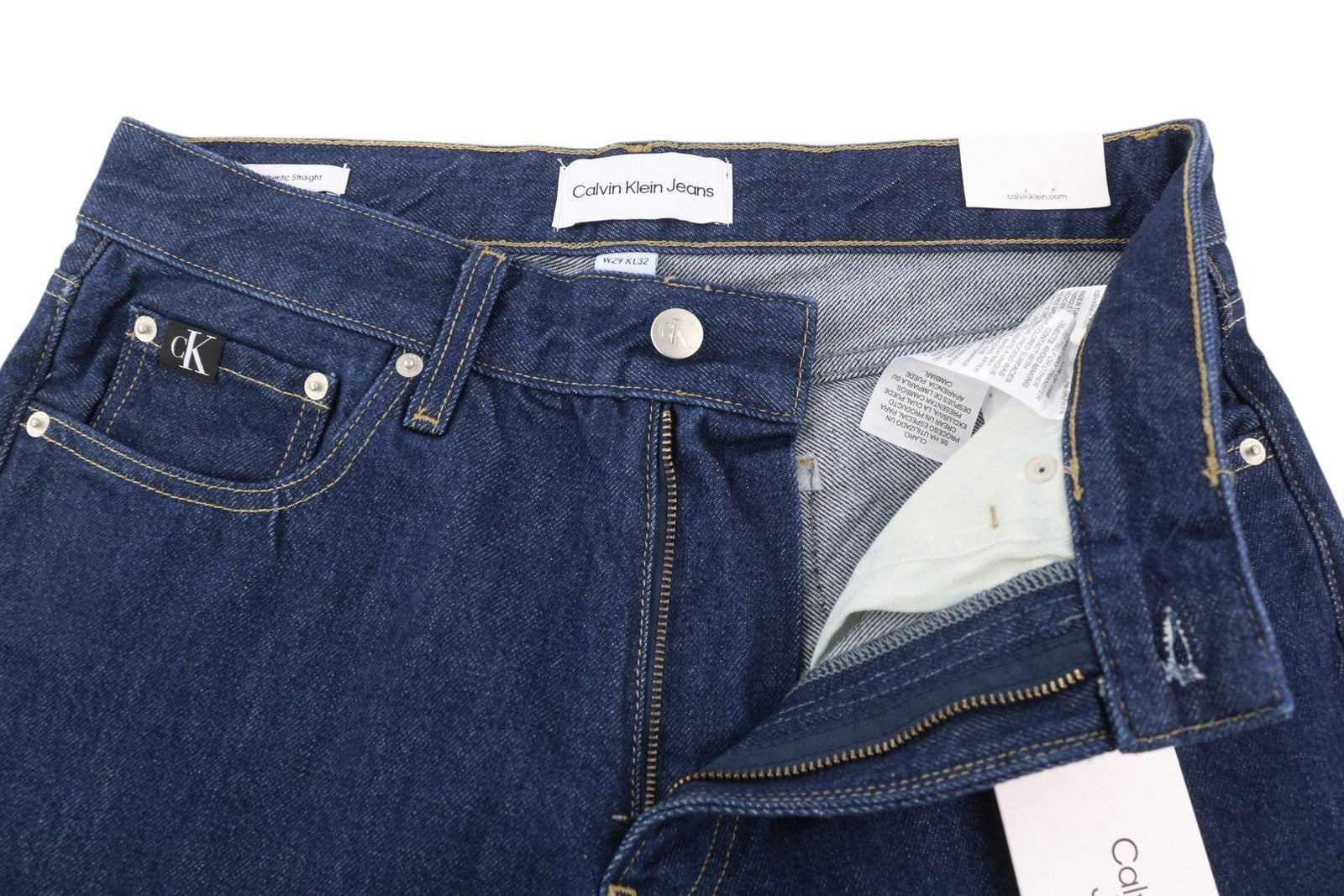 CALVIN KLEIN Authentic Straight Men Jeans W29/L32 Dark Blue Zip Fly Logo Denim 