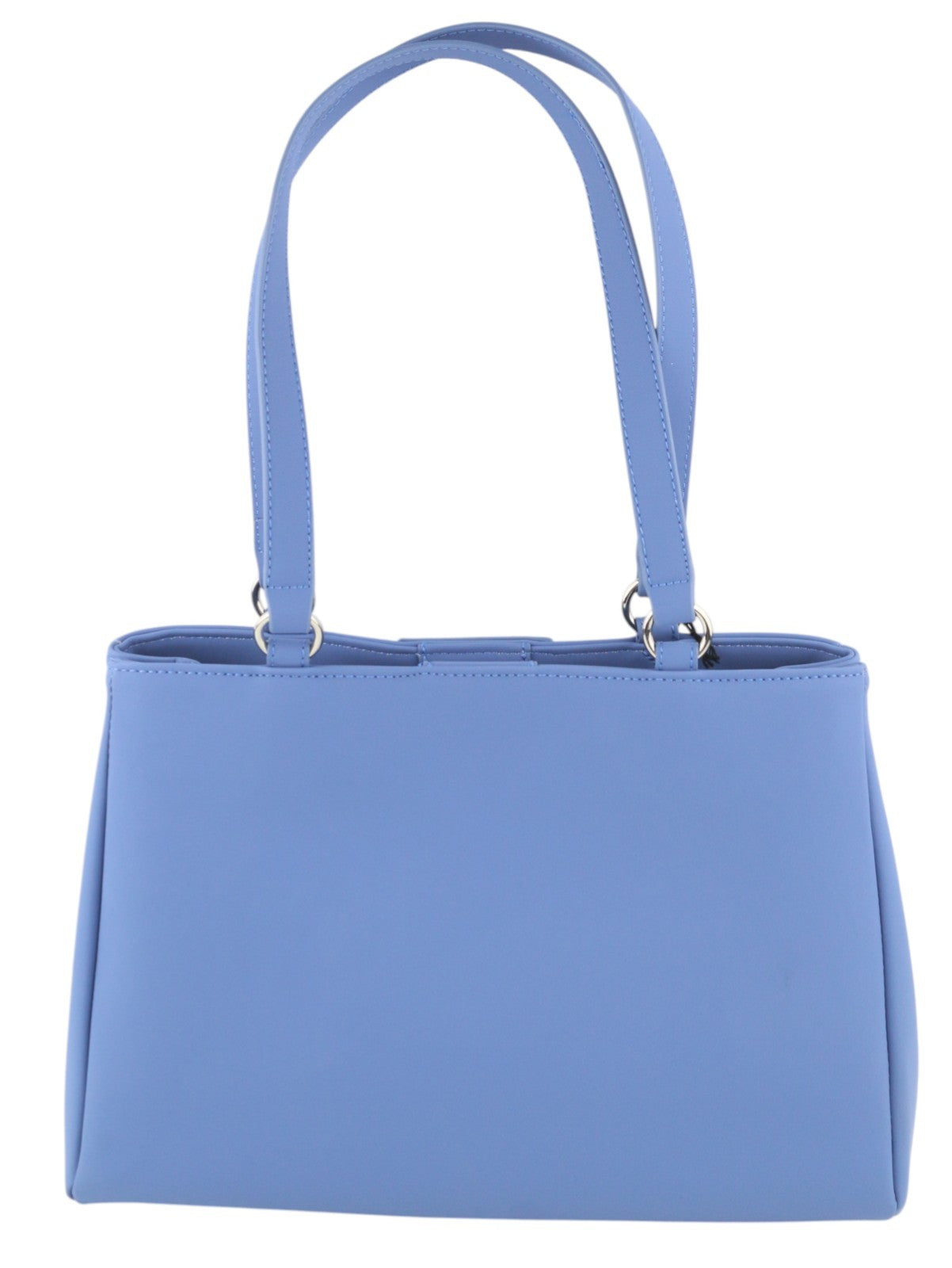 O BAG Vienna moteriškas krepšys su mėlynomis dvigubomis rankenomis, užsegimu, pamušalu ir logotipu bei kvadratiniais pamušalais. 