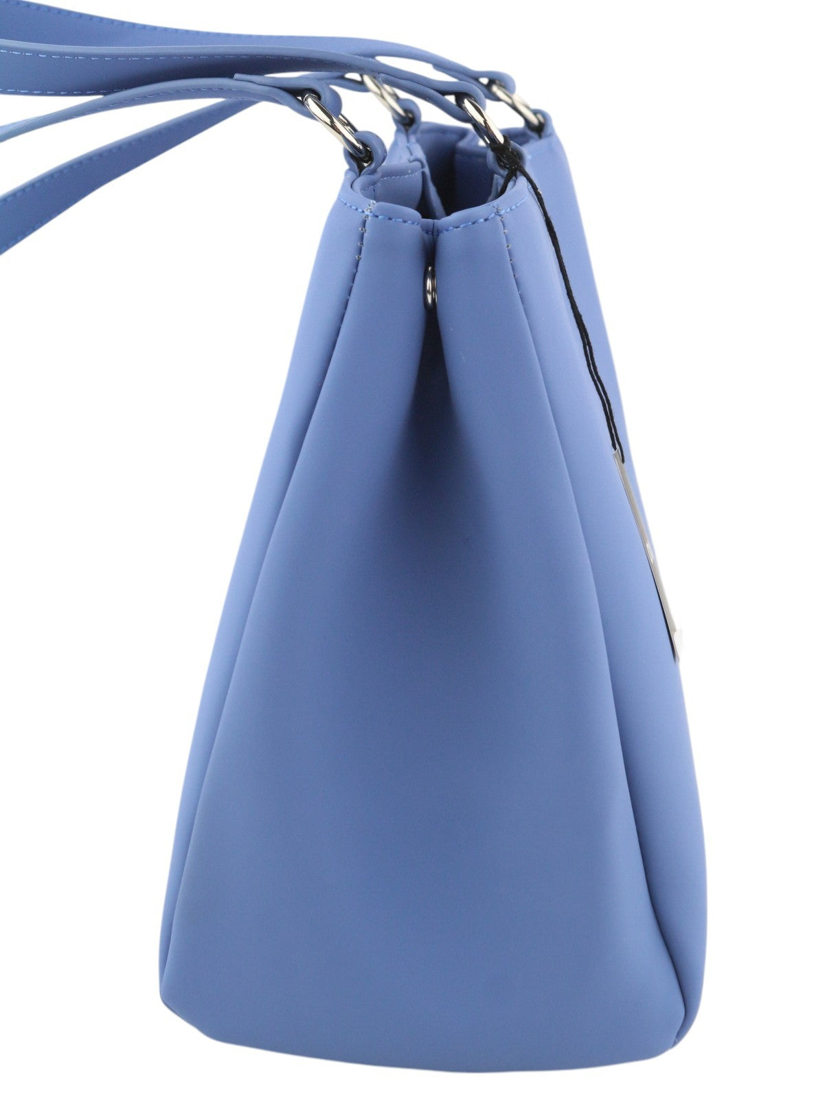 O BAG Vienna moteriškas krepšys su mėlynomis dvigubomis rankenomis, užsegimu, pamušalu ir logotipu bei kvadratiniais pamušalais. 