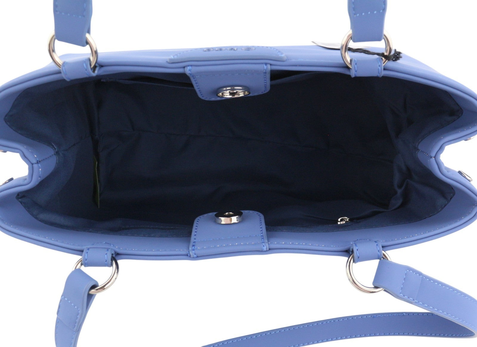 O BAG Vienna moteriškas krepšys su mėlynomis dvigubomis rankenomis, užsegimu, pamušalu ir logotipu bei kvadratiniais pamušalais. 