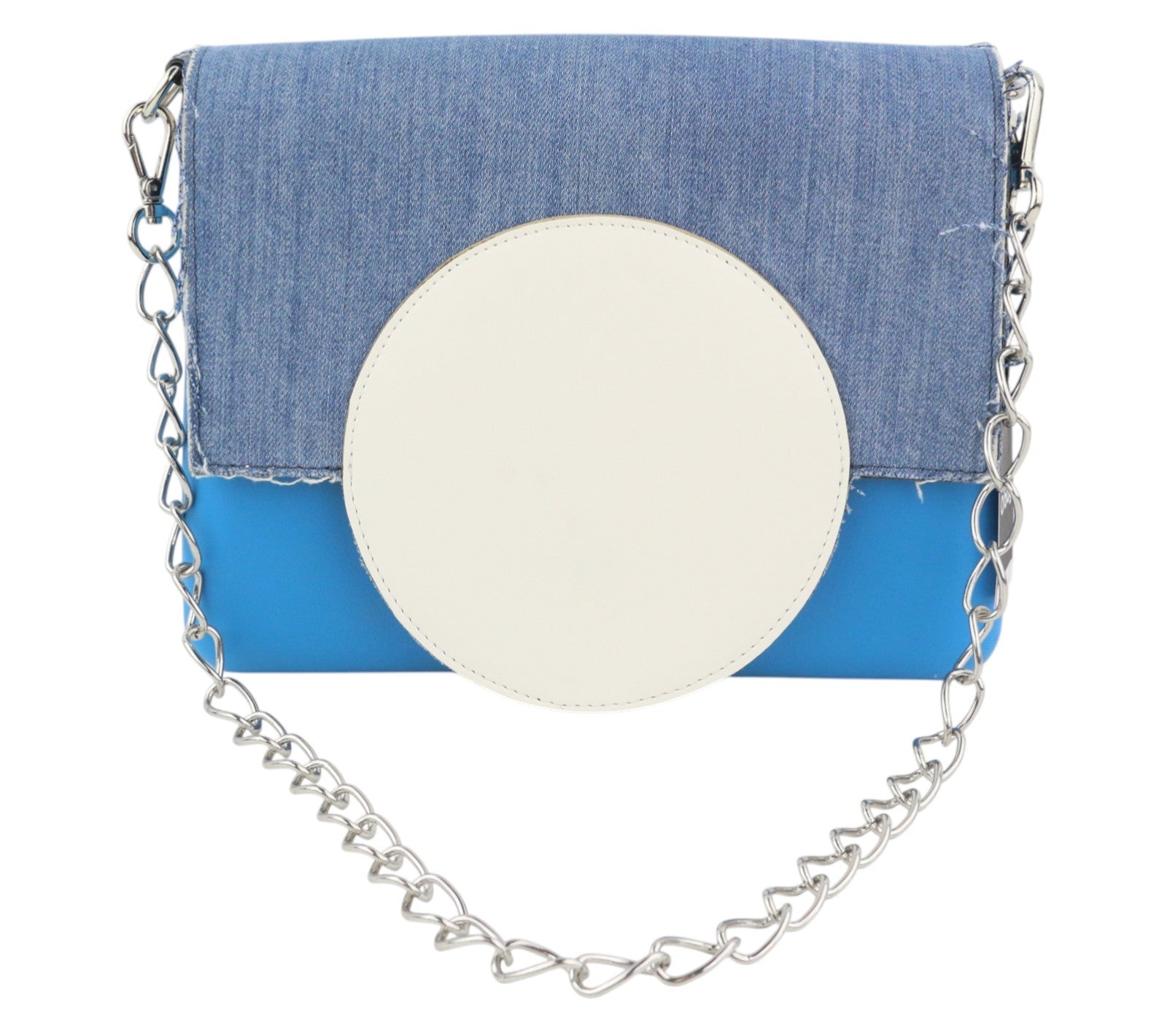 O BAG Glam moteriška rankinė OS mėlyna džinsinio audinio įdėklu su metaline grandinėle, užsegimu per petį 