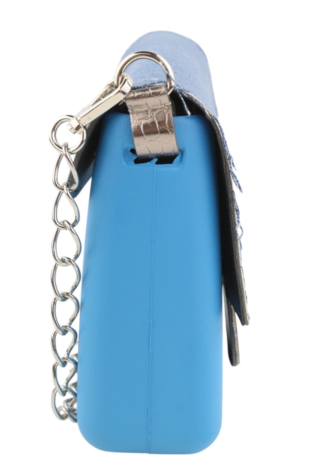 O BAG Glam moteriška rankinė OS mėlyna džinsinio audinio įdėklu su metaline grandinėle, užsegimu per petį 