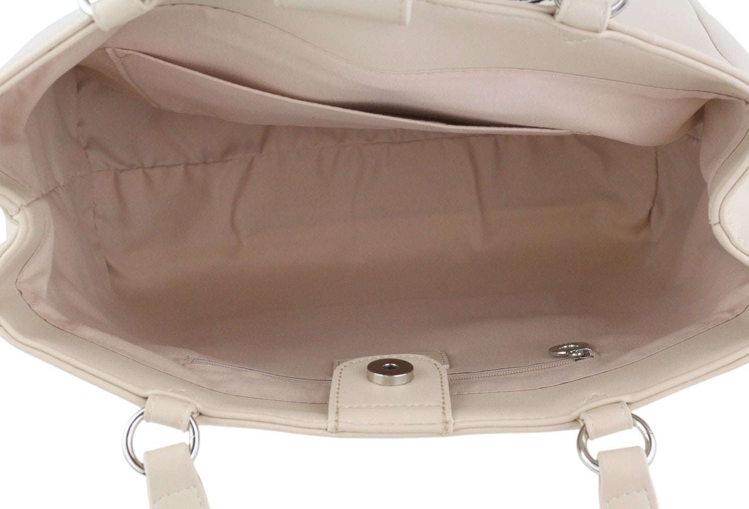 O BAG Vienna moteriškas krepšys OS smėlio spalvos su dviem rankenomis, užsegimu, pamušalu, logotipu ir kvadratu. 