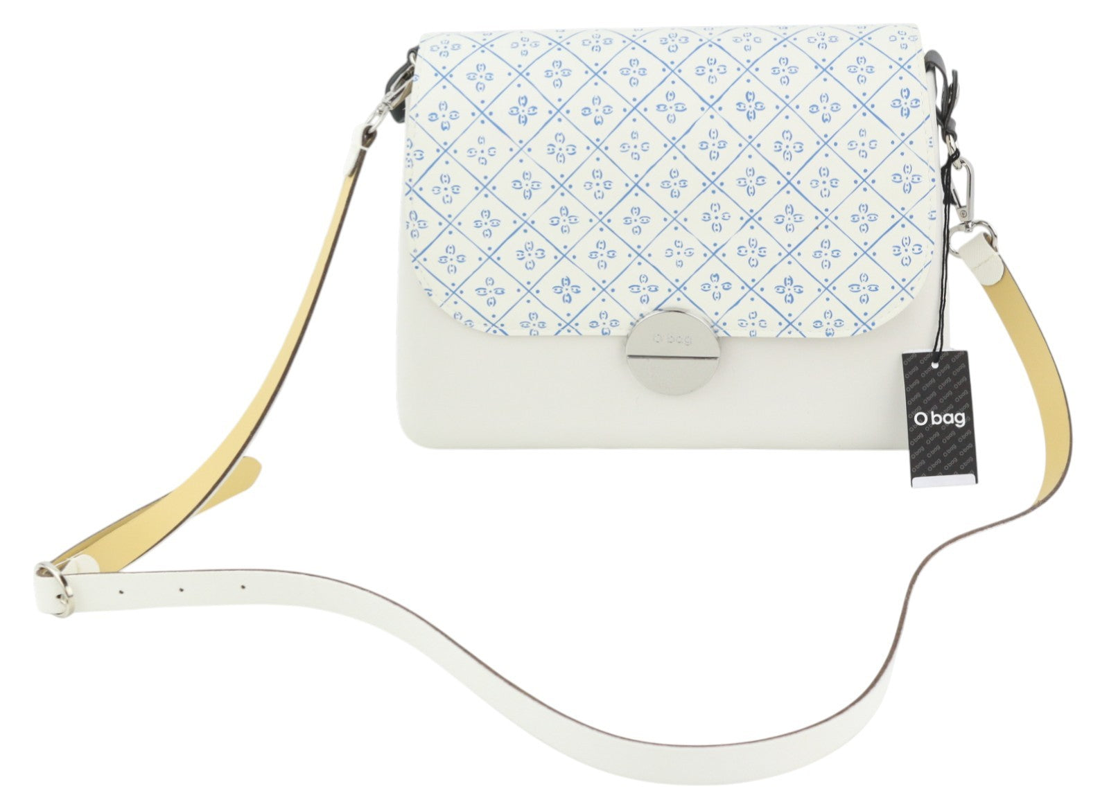 O BAG Glam moteriška rankinė OS balta raštuota reguliuojamo dirželio užsegimu su logotipu per petį 