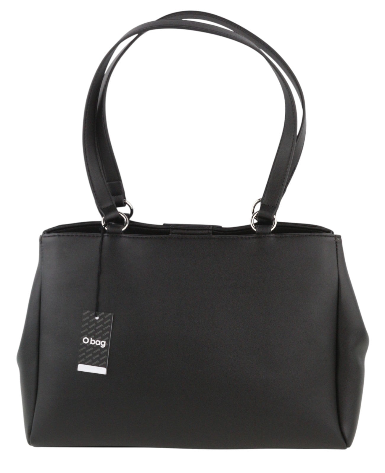 O BAG Vienna moteriškas krepšys OS juodas su dvigubomis rankenomis, užsegimu, pamušalu, logotipu ir kvadratu.