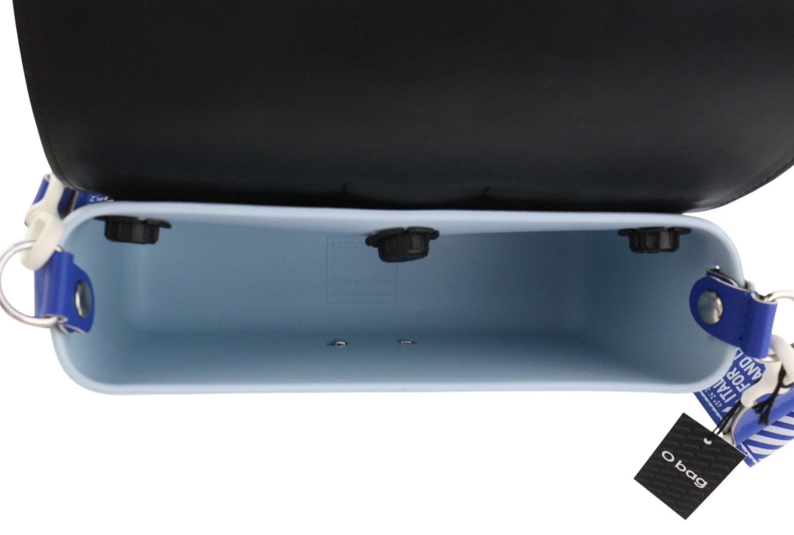 O BAG Glam moteriška rankinė OS mėlyna raštuota reguliuojamo dirželio užsegimu su logotipu per petį 