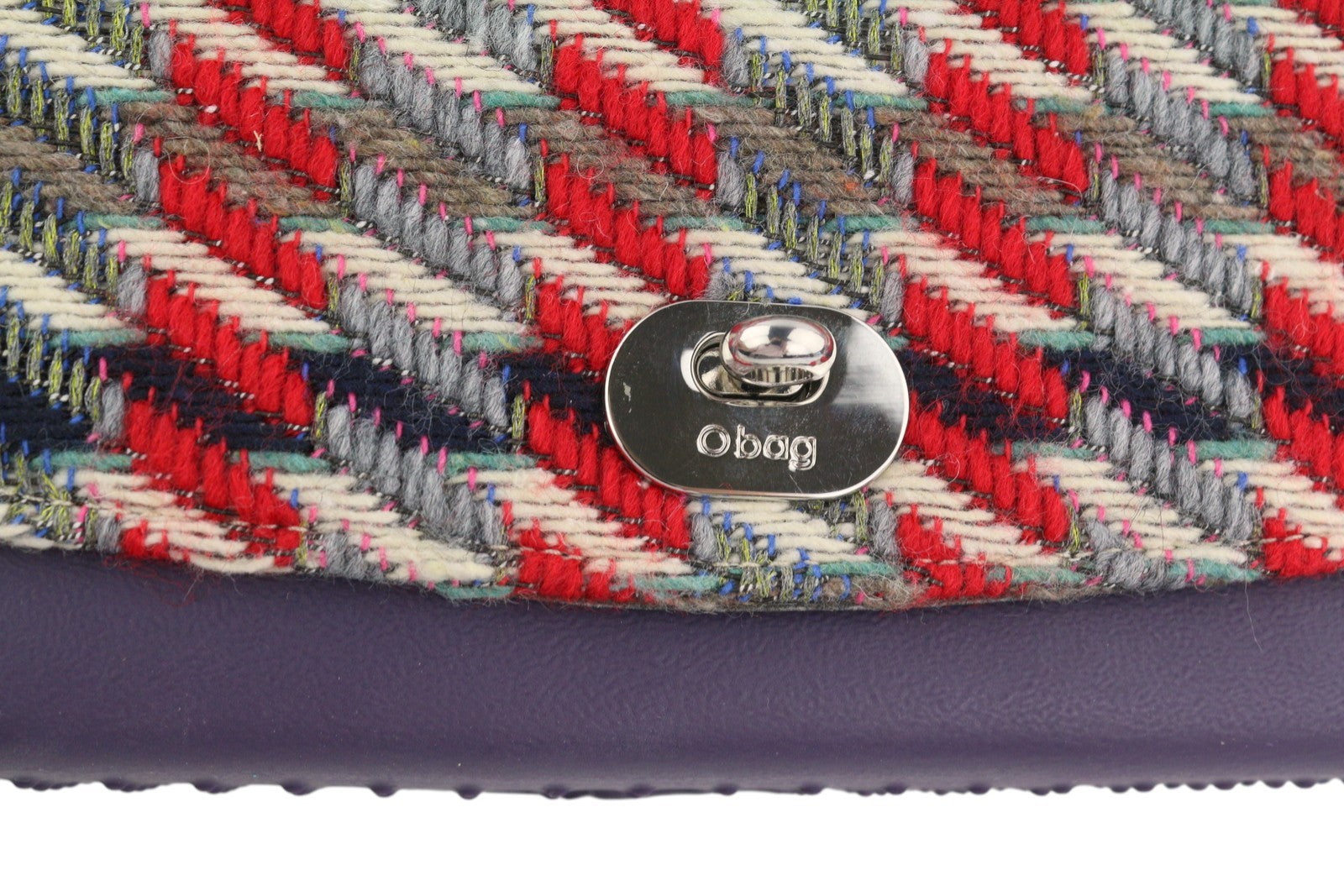 O BAG moteriškas krepšys su užlenkiama rankena, violetinė, tvido rašto, užsegamas užsegimu 