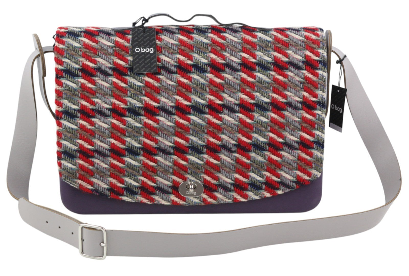 O BAG moteriškas krepšys su užlenkiama rankena, violetinė, tvido rašto, užsegamas užsegimu 