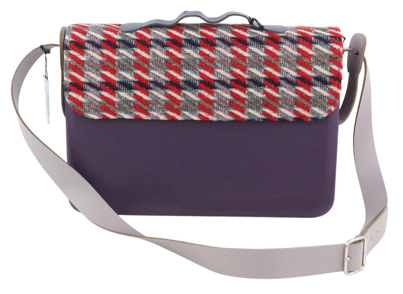 O BAG moteriškas krepšys su užlenkiama rankena, violetinė, tvido rašto, užsegamas užsegimu 