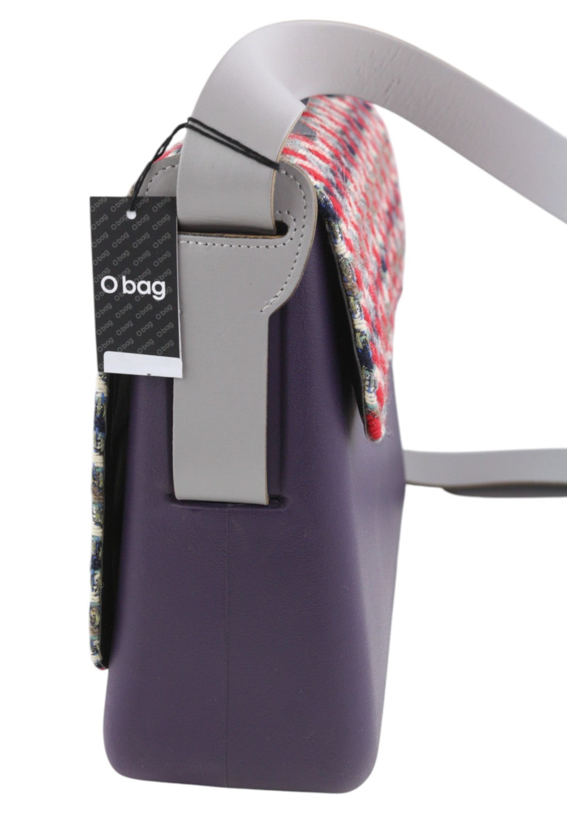O BAG moteriškas krepšys su užlenkiama rankena, violetinė, tvido rašto, užsegamas užsegimu 