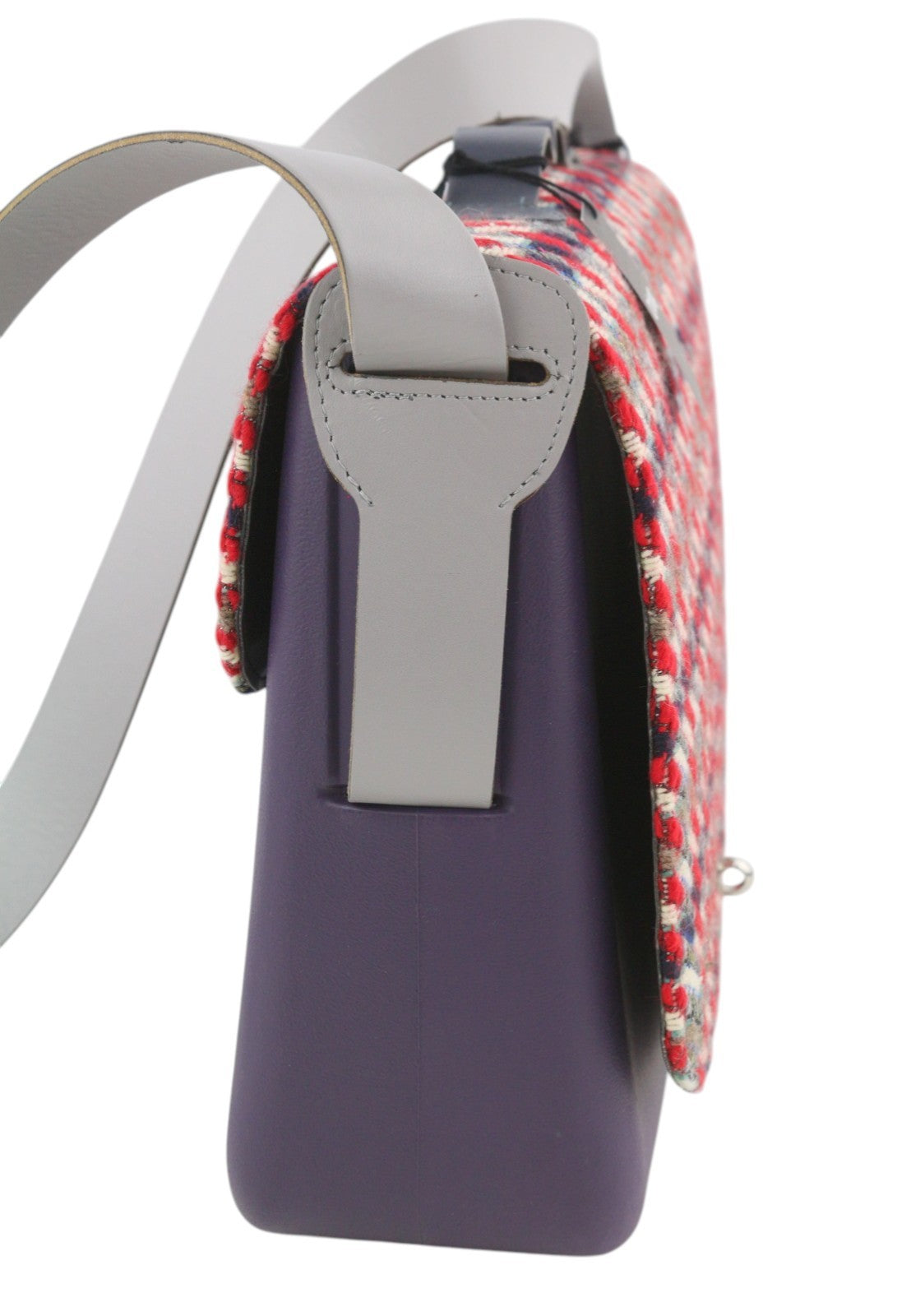 O BAG moteriškas krepšys su užlenkiama rankena, violetinė, tvido rašto, užsegamas užsegimu 
