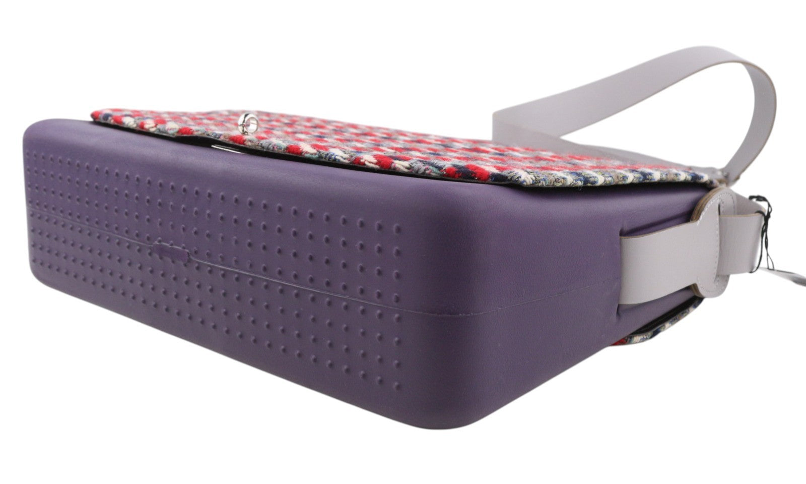 O BAG moteriškas krepšys su užlenkiama rankena, violetinė, tvido rašto, užsegamas užsegimu 