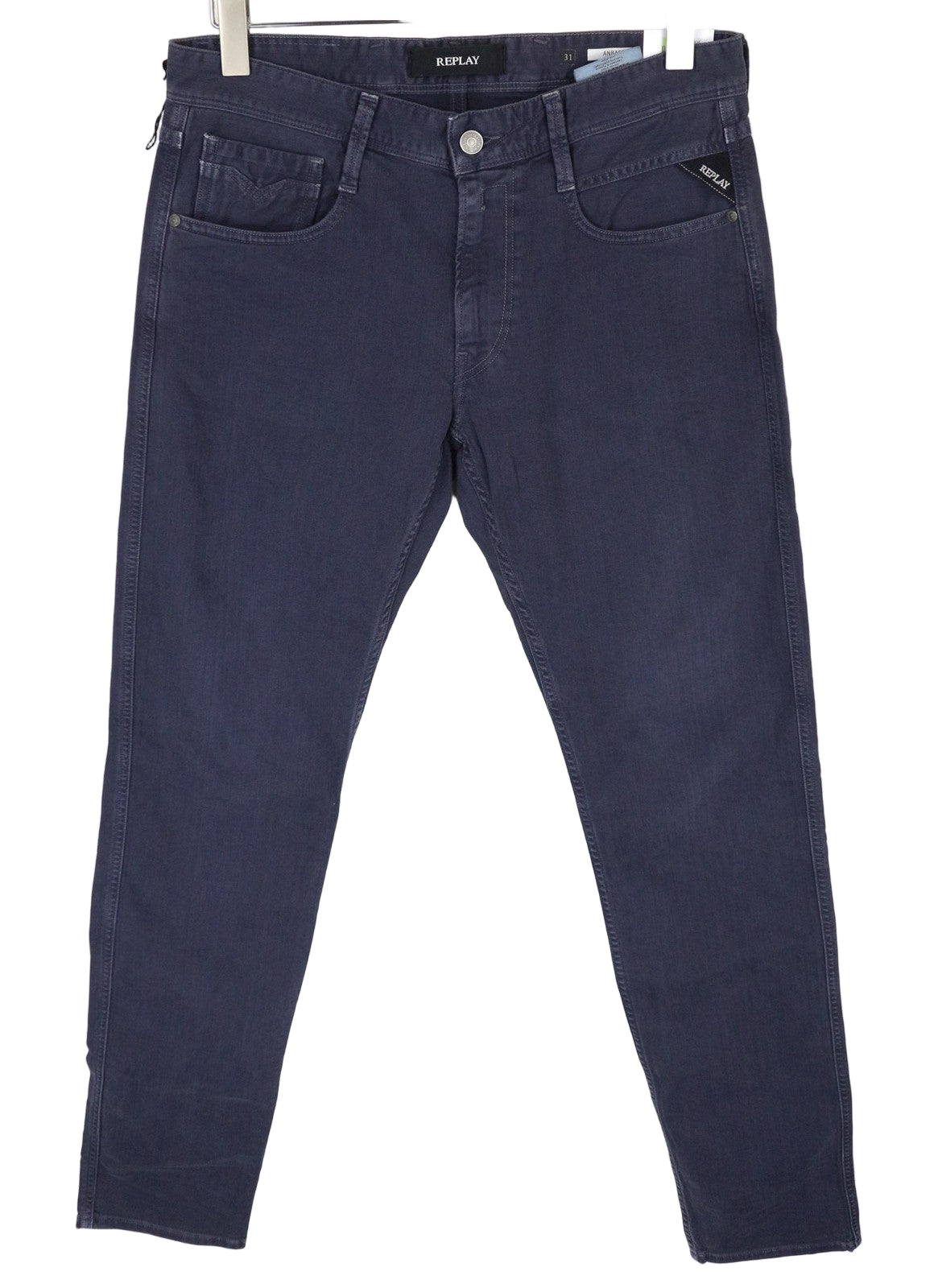 REPLAY Anbass vyriški tamsiai mėlyni ploni džinsai W31/L34 tamprūs medvilniniai klasikiniai džinsai su 5 kišenėmis 