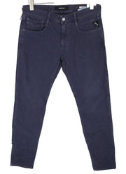 REPLAY Anbass vyriški tamsiai mėlyni ploni džinsai W31/L34 tamprūs medvilniniai klasikiniai džinsai su 5 kišenėmis 