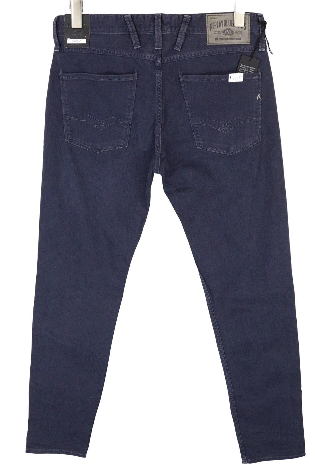 REPLAY Anbass vyriški tamsiai mėlyni ploni džinsai W31/L34 tamprūs medvilniniai klasikiniai džinsai su 5 kišenėmis 