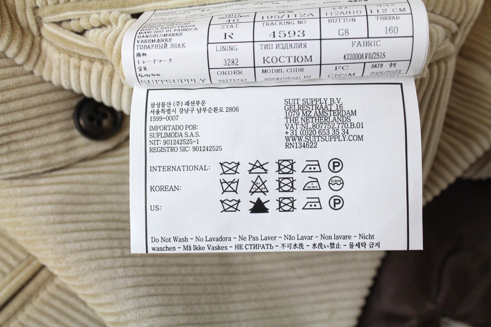 SUITSUPPLY Ferrara Men's Beige Cotton Corduroy Slim Suit UK46R Velvet 2 Piece